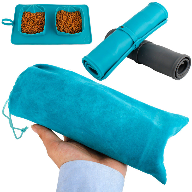 Portable Folding Double Bowl with Velvet Bag for Dogs