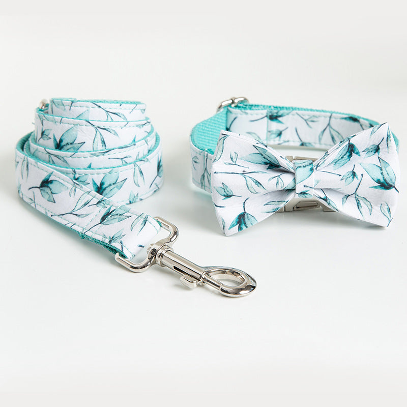 Leaf Print Dog Collar and Leash Set with Bow Tie