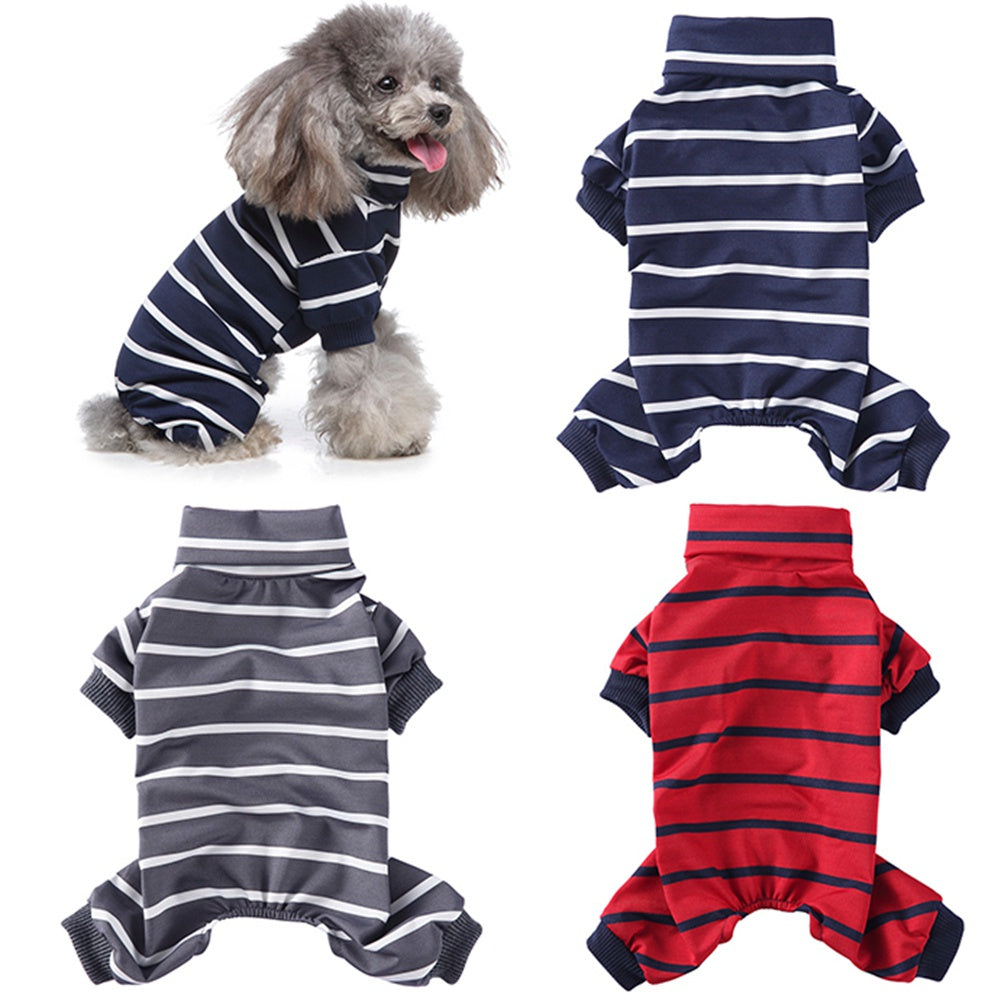 Striped High Collar Dog Pajamas in Grey, Red, Blue, Pink & Green