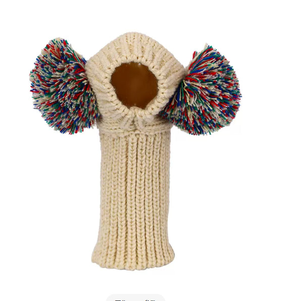 Hand Knitted Wool Dog Hat in Beige, Blue and Gray
