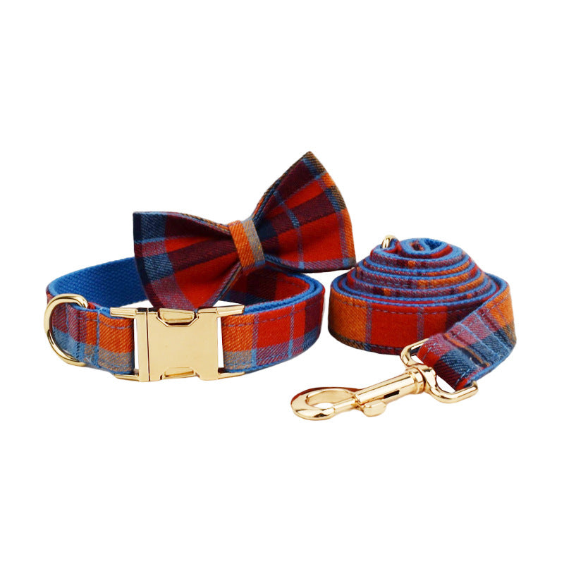 Blue Velvet Plaid Dog Collar and Leash Set