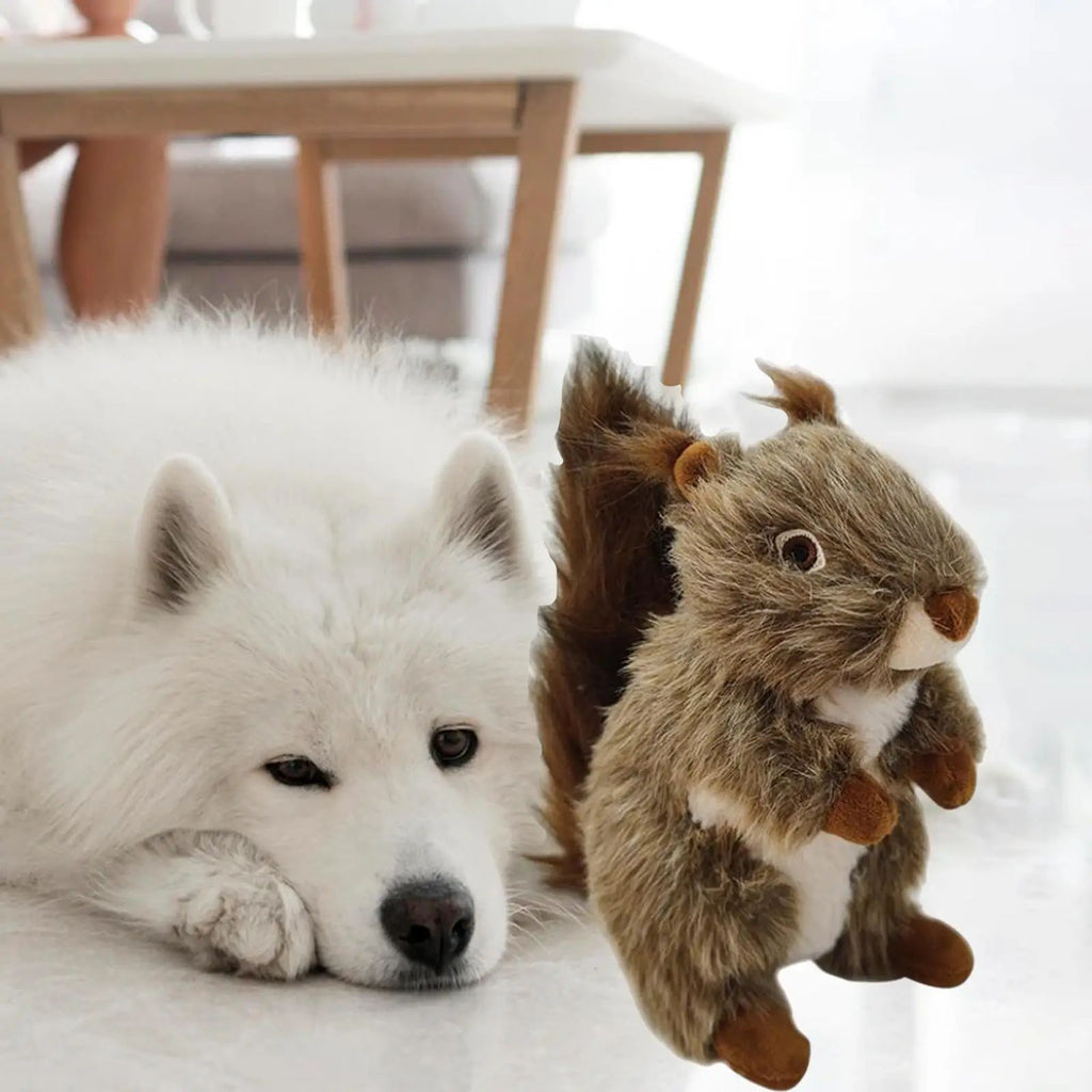 Squeaky Plush Squirrel Dog Toy in Brown