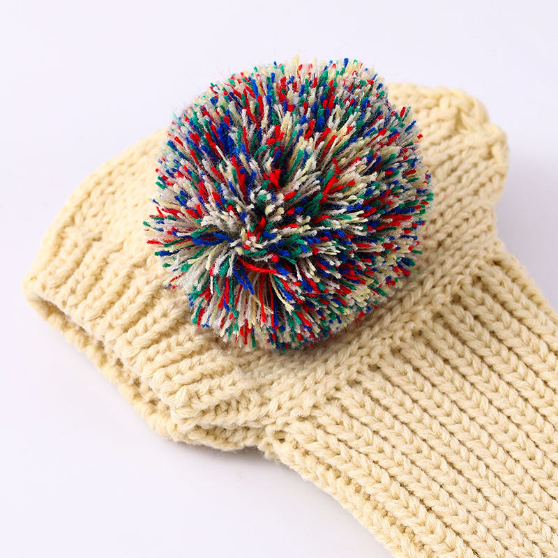 Hand Knitted Wool Dog Hat in Beige, Blue and Gray