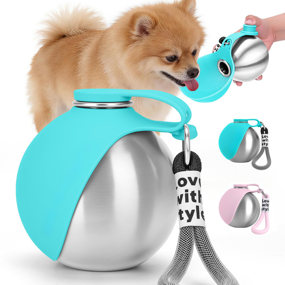 Portable Dog Water Bottle with Bowl in Blue and Pink