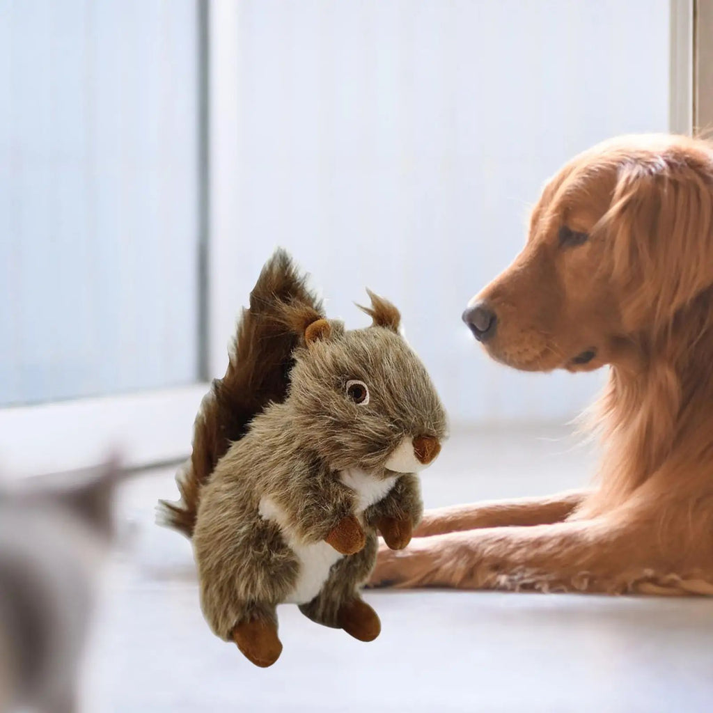 Squeaky Plush Squirrel Dog Toy in Brown