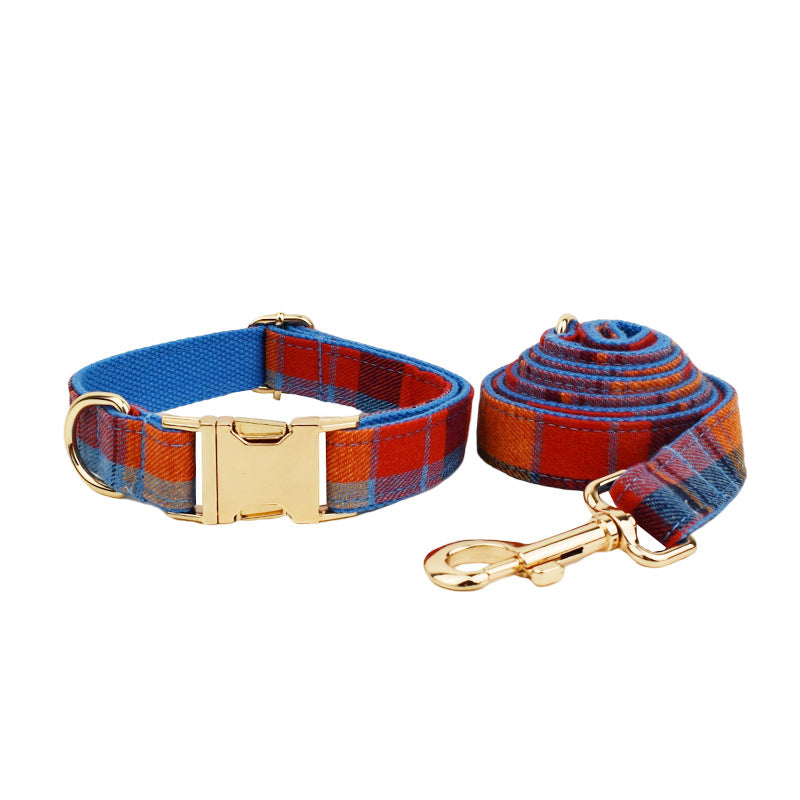 Blue Velvet Plaid Dog Collar and Leash Set